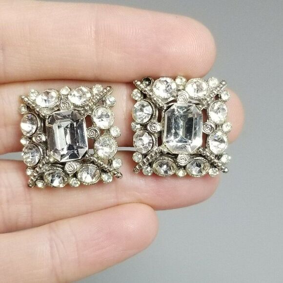 Vintage Rhinestone Cluster Clip On Earrings, Silver Tone Square Shape, Retro - Picture 2 of 8